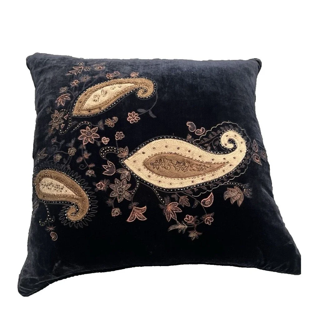 Rodeo Home Luxury Velvet Throw Pillow Feather Down Filled Blue Paisley 22 x 22in